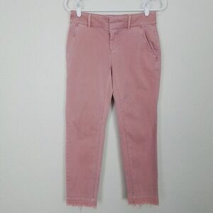 Loft Womens Casual Pant Size 0 Pink‎ Taper Leg Low Rise Faded Distressed Raw Hem